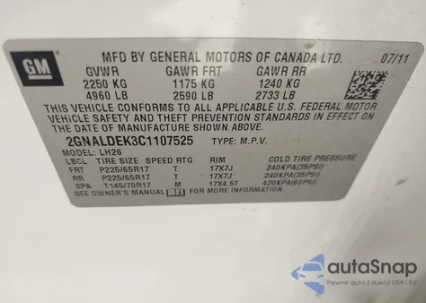 2012 Chevrolet Equinox 1Lt из США, поврежденный, VIN 2GNALDEK3C1107525